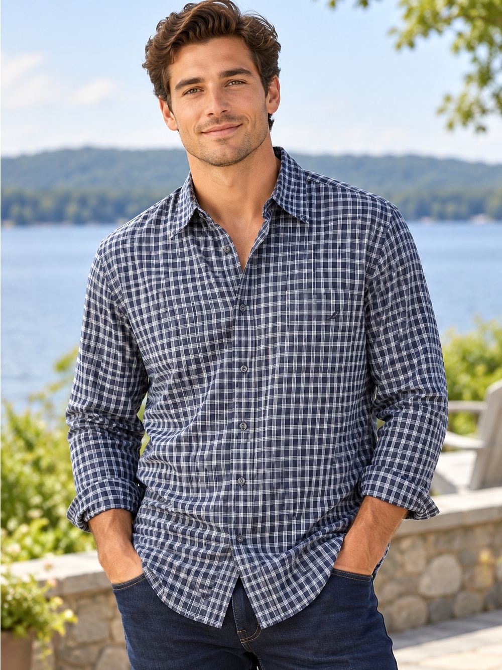 Nautica Long Sleeve Plaid Button Down Shirt Size L